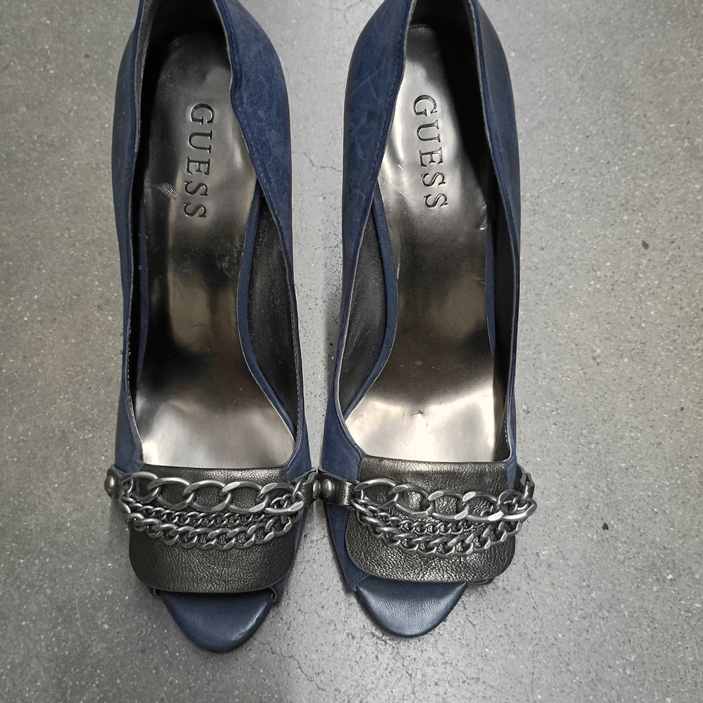 Guess Navy Peep Toe Heels with Chain Detail